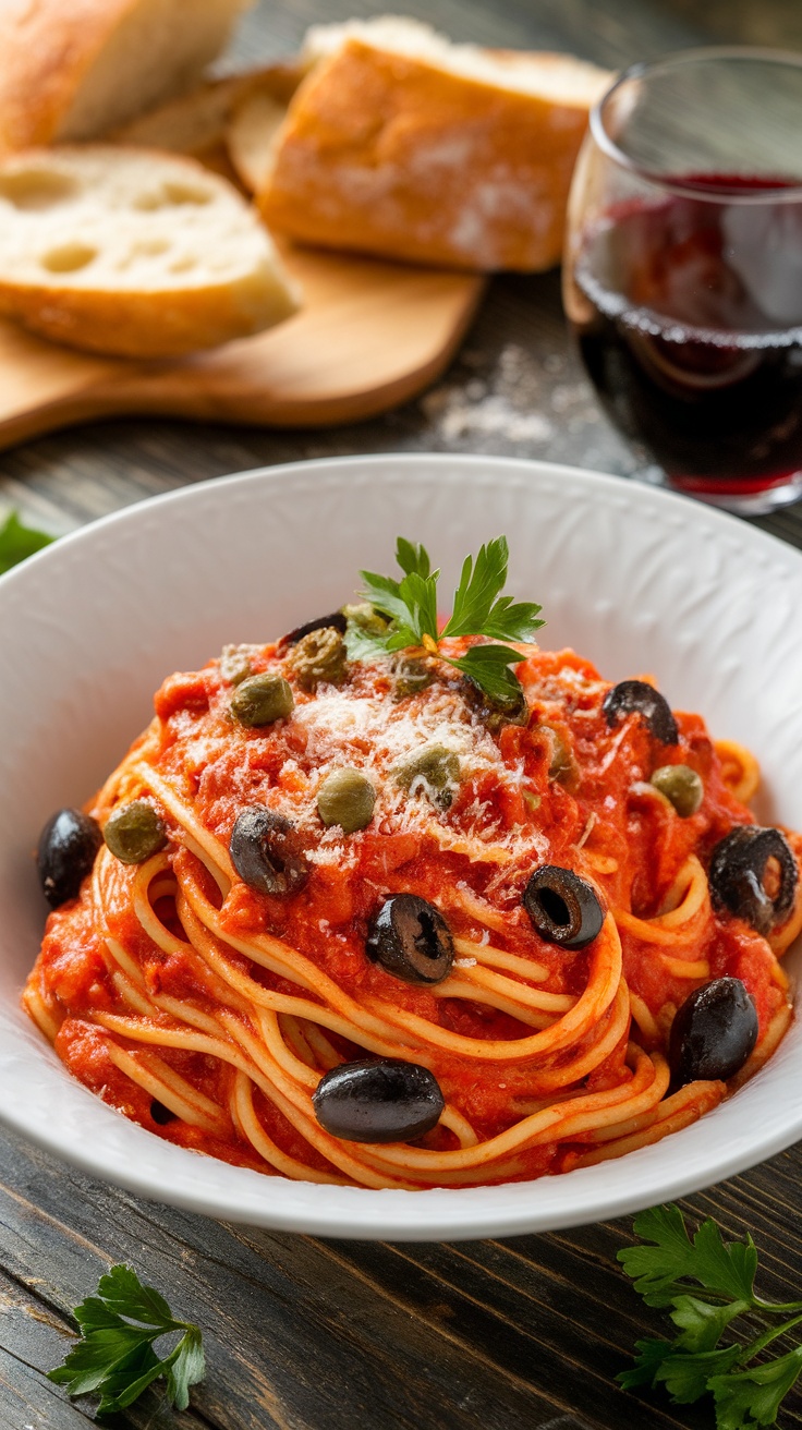 Classic Italian Pasta Puttanesca Recipe A bowl of Pasta Puttanesca with spaghetti, tomato sauce, olives, and capers, garnished with parsley and Parmesan on a rustic table.